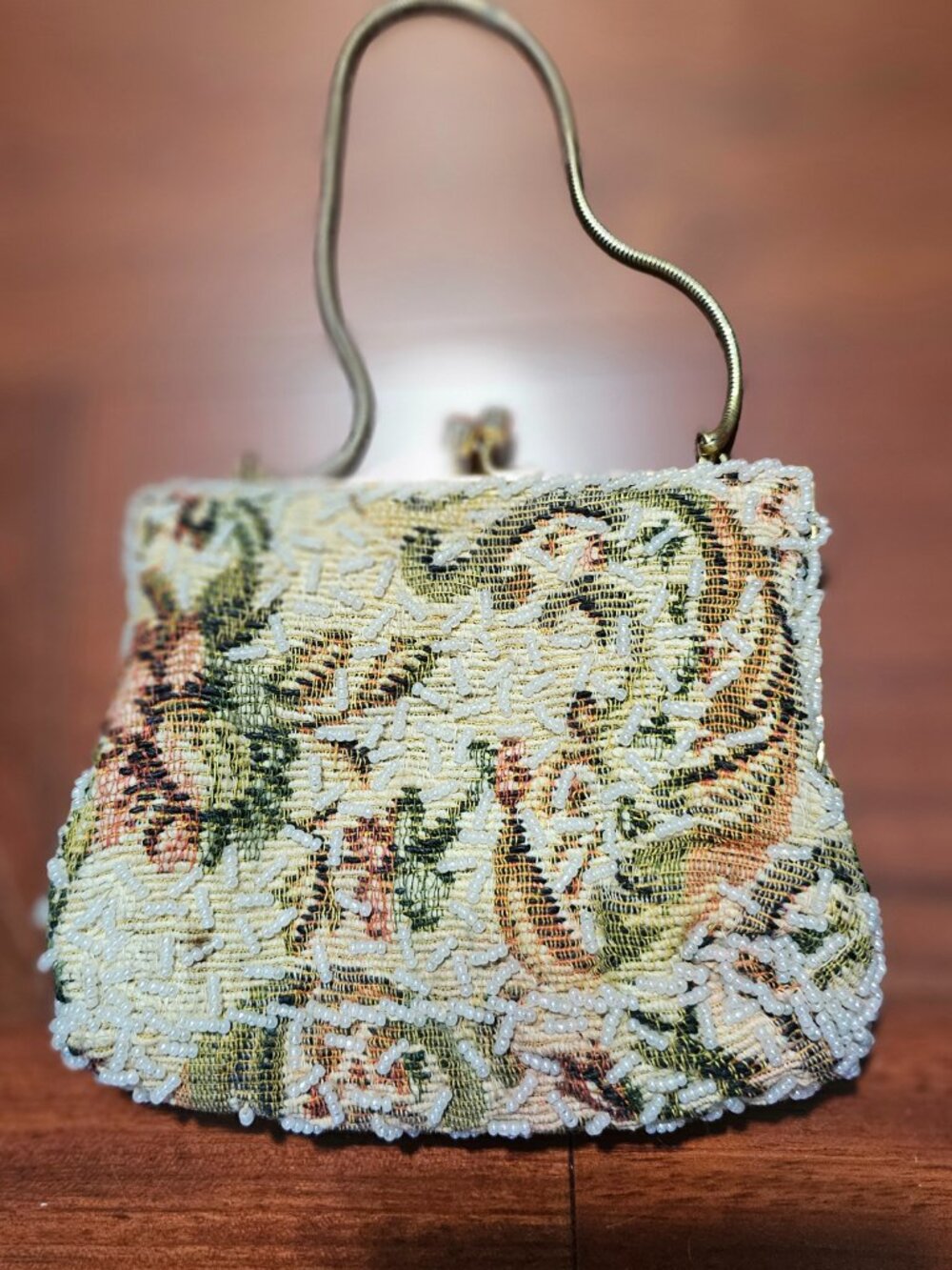 Vintage Beaded Tapestry Evening Bag | Floral Brocade Pattern | Metal Handle & Ch